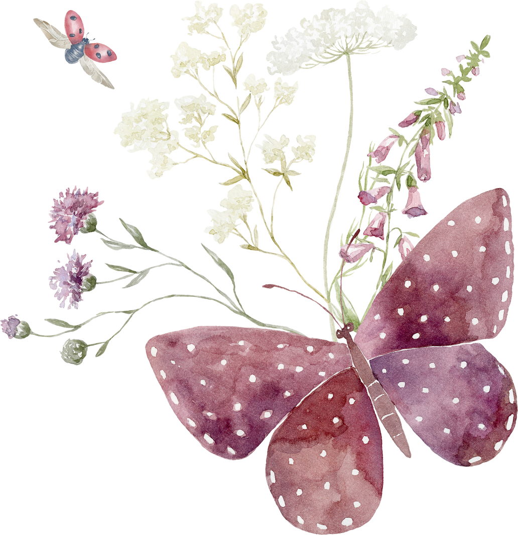 Watercolor Illustration with Butterfly and Wildflowers.